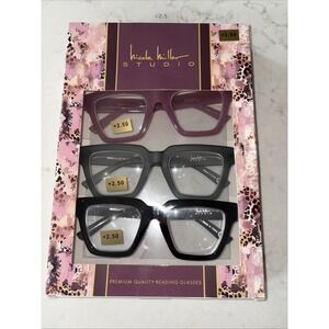NIP  +2.50 3 Pairs Nicole Miller Wide Thick Chunky Readers Reading Glasses Black